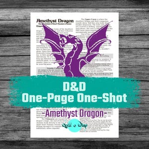 Peut inclure: Impression avec une silhouette de dragon violet sur une page de livre vintage. Le texte "D&D One-Page One-Shot" est affiché sur une bannière turquoise. Le titre "Amethyst Dragon" est également visible.