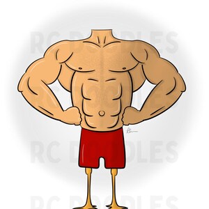 Può includere: Un'illustrazione di un cartone animato di un torso muscoloso con un six-pack, che indossa pantaloncini rossi e gambe di pollo. L'immagine è su uno sfondo bianco con il testo "RC DOODLES" ripetuto sullo sfondo.