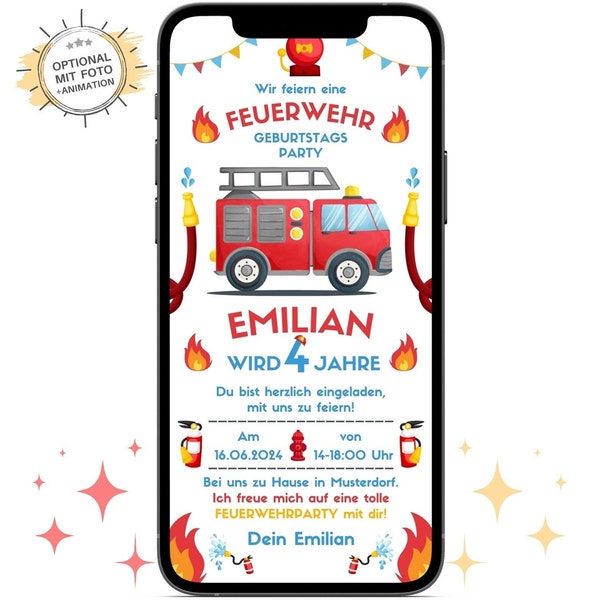 Feuerwehr Einladung Kindergeburtstag digital | Whatsapp Ecard Geburtstagseinladung Junge 4 Geburtstag | Einladungskarte Motto Party Vorlage