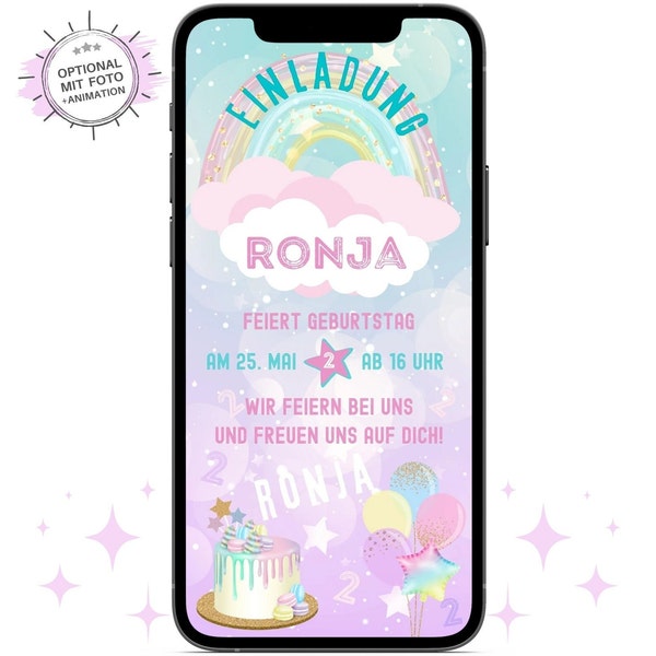 Ecard digitale Einladung Kindergeburtstag Regenbogen | Personalisierte Einladungskarte Kinder | Regenbogen Party | WhatsApp Einladung Rosa