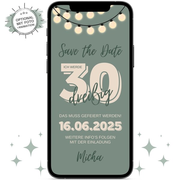 Ecard Save the Date Birthday | Whatsapp 20th 30th 40th 50th 60th Birthday Party Celebration Invitation | Trend green with fairy lights | For men