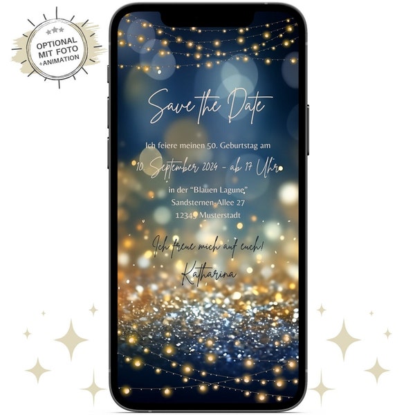 Ecard Save the Date Geburtstag digital | Whatsapp Party Karten | Facebook Instagram online Einladung | Blau Gold Bokeh mit Lichterkette