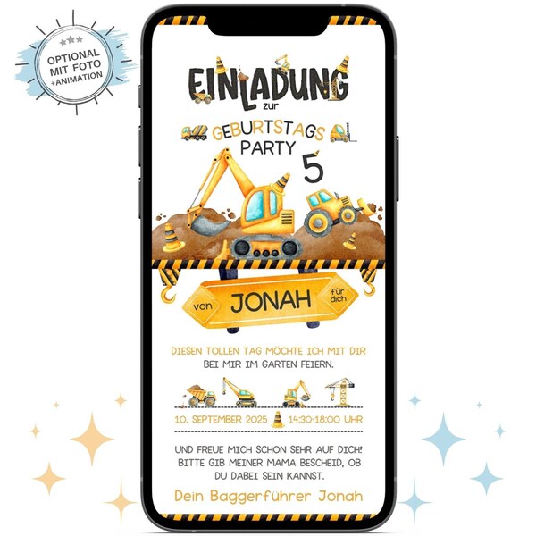 Ecard digitale Einladung Kindergeburtstag Baustelle | Geburtstagseinladung Junge | Whatsapp Mottoparty Einladungskarte Bagger Geburtstag