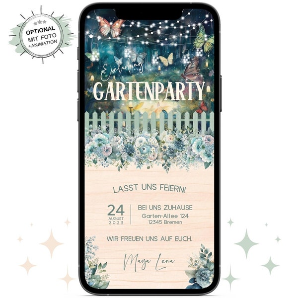 Ecard digitale Einladung Gartenfest rustikal Holz Licht mit Blumen Mint | Whatsapp Sommerfest Gartenparty Grillen | Grillpartyeinladung