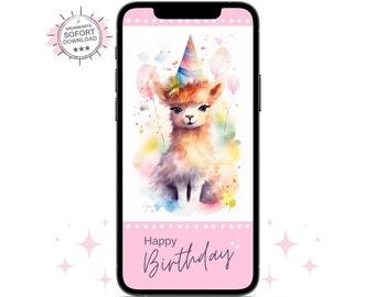 Digitale Geburtstagskarte Alpaka sofort Download | Whatsapp Ecard Geburtstagswünsche | Online Grußkarte alles Gute zum Geburtstag mit Ballon