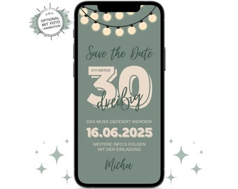 Ecard Save the Date Birthday | Whatsapp 20th 30th 40th 50th 60th Birthday Party Celebration Invitation | Trend green with fairy lights | For men