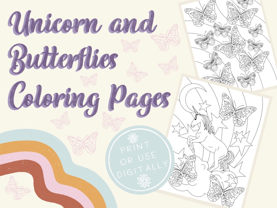 Unicorn and Butterflies Coloring Pages - Etsy