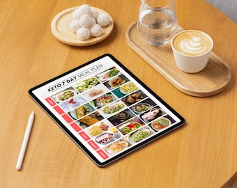 Può includere: Un tablet che mostra un piano pasto Keto di 7 giorni con foto di vari pasti. Il tablet è su un tavolo di legno con una tazza di caffè, un bicchiere d'acqua e un piatto di tartufi al cioccolato bianco.