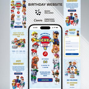May include: A digital birthday invitation website template for a mobile phone screen featuring Paw Patrol characters, the name Micheal, the age 4, event date October 24, time 3:00PM to 7:00PM, location details, a music icon, and an embedded RSVP form.