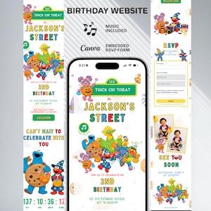 May include: A digital birthday website template for a 2nd birthday party featuring Sesame Street characters in Halloween costumes. The design includes a countdown timer, music icon, RSVP form, and text reading Trick or Treat in Jackson's Street.