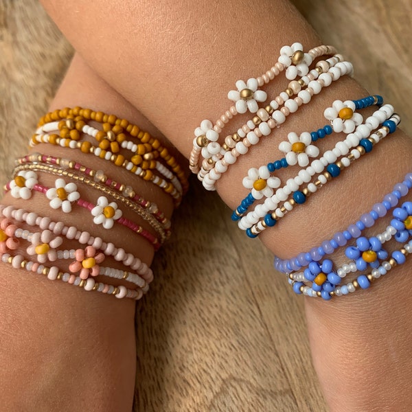 Bracelets de perles pour enfants | Filles | Tout-petits | Marguerites | Bijoux colorés | Bracelets extensibles | Cadeau | La pile « Duke »