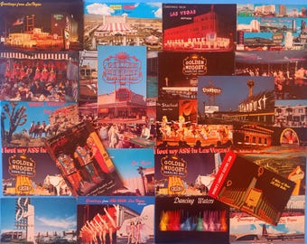 May include: A collection of vintage Las Vegas postcards featuring iconic landmarks like the Golden Nugget, Stardust, and Golden Gate. The postcards showcase vibrant colors and retro designs, capturing the essence of the city's history.