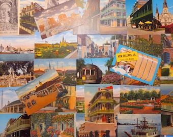 May include: A collection of vintage postcards featuring various scenes of New Orleans, Louisiana. The postcards are arranged in a collage-like fashion, with some overlapping. The postcards feature images of buildings, streets, and landmarks, as well as text that includes the city's name and the phrase "Dixieland".