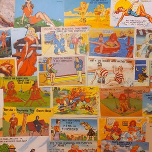 May include: A collection of vintage postcards featuring humorous illustrations and text. The postcards are printed on thick paper with a glossy finish. The images depict various scenes, including people, animals, and objects. The text on the postcards is often witty and satirical.
