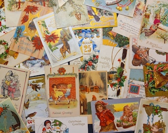 May include: A collection of vintage Christmas postcards. The cards feature illustrations of poinsettias, deer, children, and winter scenes. Some cards have text that reads "Merry Christmas" and "Yuletide Greetings". The color palette includes red, gold, and green.