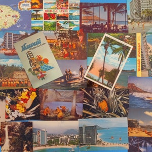 May include: A collection of vintage postcards featuring various scenes of Hawaii. The postcards are colorful and feature images of beaches, palm trees, and Hawaiian culture. Some of the postcards have text on them, such as "Honolulu, Hawaii" and "Waikiki, Oahu".