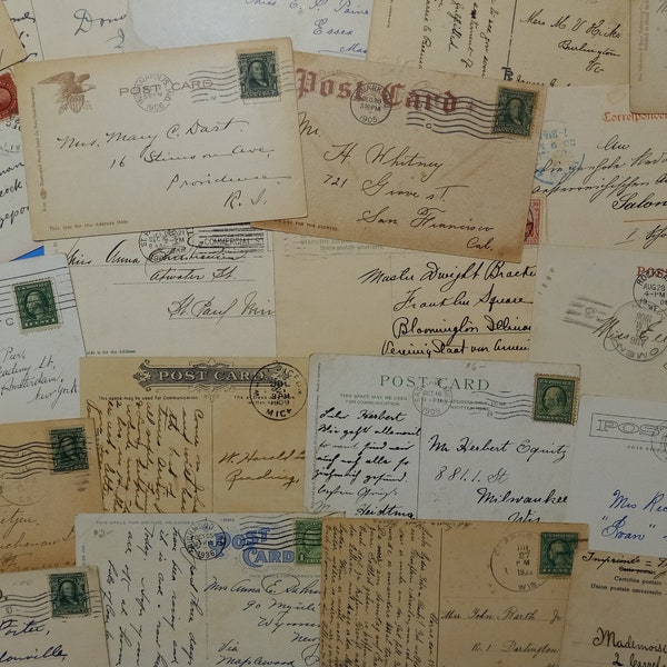 Lot of 18 RANDOM Postcards with Messages & Beautiful Script Writing on the Backs for Projects, Scrapbooking, Collages, Decorating, Etc.