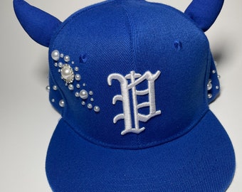 Bedazzled Pearls Hat with horns SnapBack cap