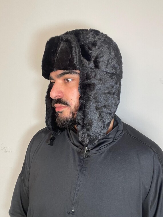 Black Luxurious Faux Fur Trapper Hat With Ear Flaps Warm  display picture 2