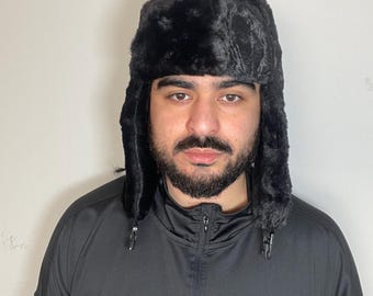 Black Luxurious Faux Fur Trapper Hat Black Faux Fur Russian Ushanka Hat for Men: FurHatWorld.com main image 3