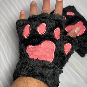 Faux Fur Fingerless Gloves: Black Bear Paw with Pink Pads