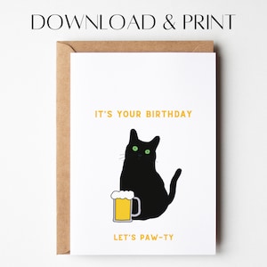 Funny Cat Birthday Card: Hand-Drawn Design (PDF & JPG)
