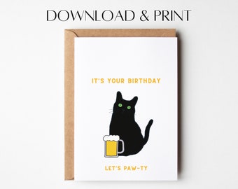 Funny Cat Birthday Card: Hand-Drawn Design (PDF & JPG)