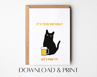 Funny Cat Birthday Card: Hand-Drawn Design (PDF & JPG)
