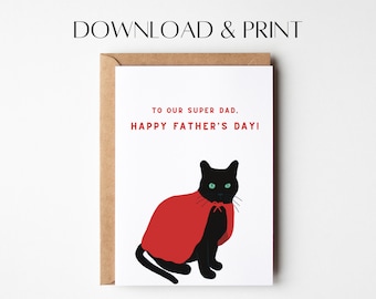 Biglietto di auguri per la festa del papà con gatto supereroe (stampabile)