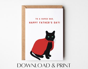 Divertente biglietto di auguri per la festa del papà con gatto supereroe (PDF stampabile)