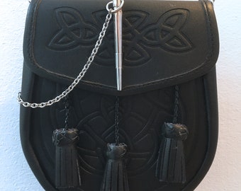 Scottish Black Celtic Embossed Leather Purse with Pin Lock