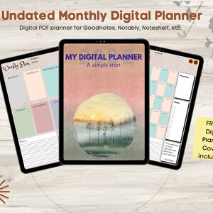 Puede incluir: Un planificador digital con un fondo de paisaje de puesta de sol. El planificador está en la pantalla de una tableta e incluye un plan semanal, un calendario mensual y páginas para establecer objetivos. El texto "MY DIGITAL PLANNER" y "A simple start" se muestra en la pantalla. Una nota adhesiva dice "FREE 4 Digital Planner Covers included!"