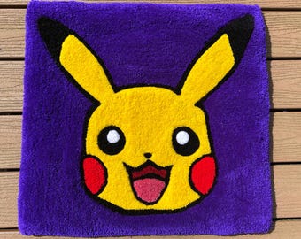 Handmade Pikachu Face Tufted Rug, Pokémon Fan Art (Amethyst Background)