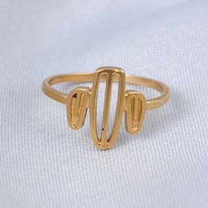 Può includere: Un anello color oro con un design a cactus. L'anello ha una fascia sottile e una forma di cactus stilizzata con tre sezioni. L'anello è posto su uno sfondo azzurro.