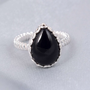 Natürlicher schwarzer Obsidian-Ring, Tropfen-Edelstein-Ring, 925 Sterlingsilber-Ring, Frauen-Ehering, handgemachter Obsidian-Ring, Geschenk