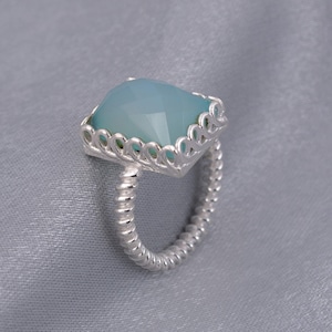 Sterling Silver Aqua Chalcedony Ring, Natural Chalcedony Ring, Handmade Designer Ring, 10X14MM Faceted Cushion Cut Ring, Women Wedding Ring,