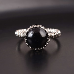 Sterling Silver Black obsidian Ring, Cute Women Wedding Ring, Handmade Designer obsidian Ring, Round Gemstone Ring, Anniversary Gift,
