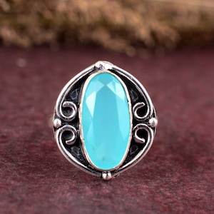 Ręcznie robiony projektant Aqua Chalcedon Ring, pierścionek ze srebra próby 925, naturalny pierścionek z kamieniami szlachetnymi, utleniony