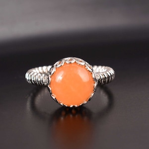 Sterling Silver Jade Ring, Natural orange Jade Ring, Cute Designer Wedding Ring, Round Gemstone Ring, Handmade Natural Jade Ring For Wife,