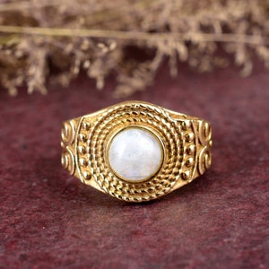 Natural Moonstone Ring, Blue Flashy Moonstone Ring, Handmade Gold plated Ring, Designer Solid Brass Ring, Daily Wear Ring For Mother,