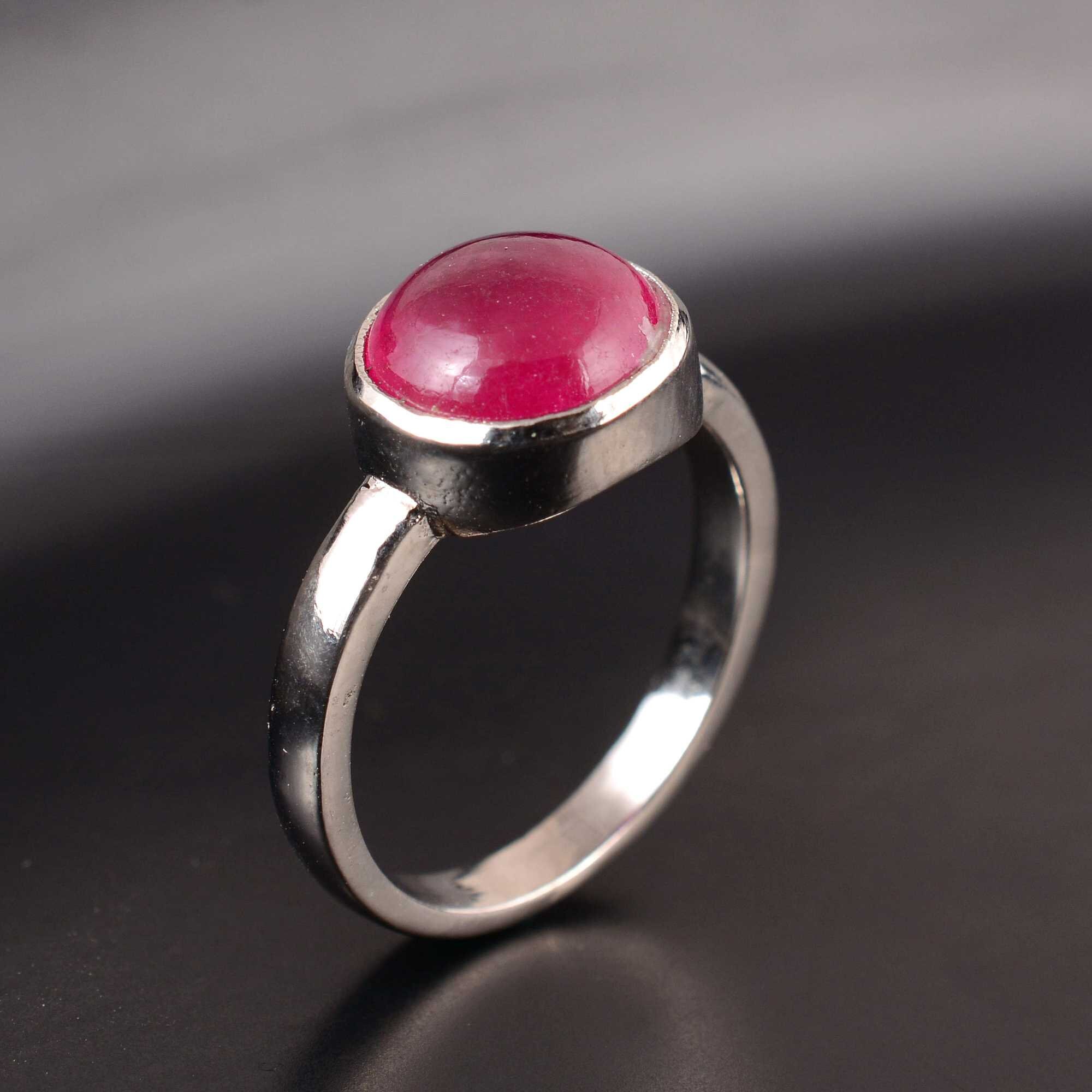 Pink Jade Ring, Natural Jade Gemstone, .925 Sterling Silver Waterproof Unisex Bar Ring 7