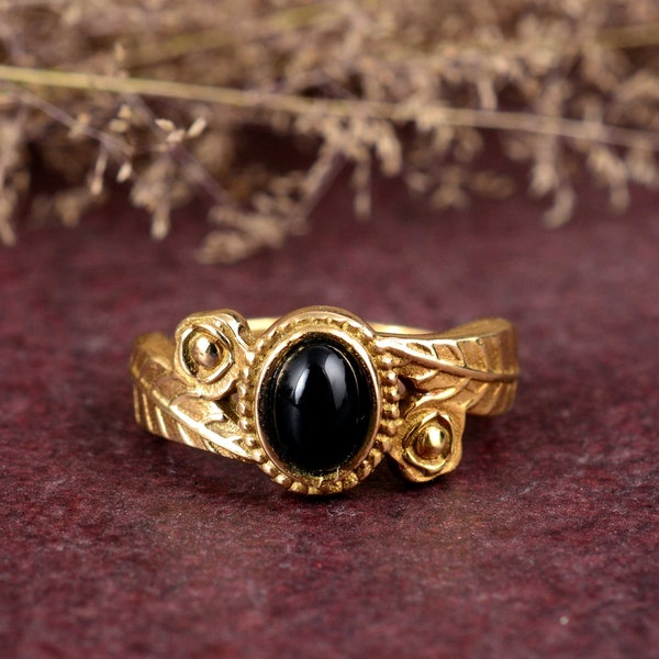 Anneau d’obsidienne noire, anneau d’obsidienne naturelle, anneau de pierre précieuse ovale, anneau d’obsidienne plaqué or, anneau de créateur de feuilles, anneau d’usure quotidienne, cadeaux,