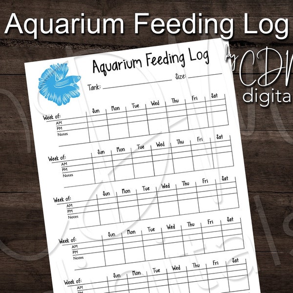 PRINTABLE Aquarium Feeding Log Sheet, Fish Tank Maintenance Journal, Letter Sized for Binder - Instant PDF Download
