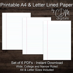 PRINTABLE Set of 6 Blue Lined Paper w/ Margin - A4 & Letter Size Pages - Wide, College and Narrow Ruled Note Paper - Digital Download PDFs