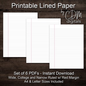 May include: Set of six printable lined paper PDFs in A4 and letter sizes. The paper has a red margin and is available in wide, college, and narrow ruled styles.  The text on the image reads: "Printable Lined Paper by CDM digitals Set of 6 PDFs - Instant Download Wide, College and Narrow Ruled w/ Red Margin A4 & Letter Sizes Included www.cdmdigitals.etsy.com"