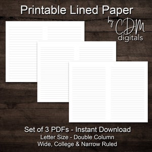 PRINTABLE Set of 3 Double Column Lined Paper - Letter Size Pages - Wide, College and Narrow Ruled Journal Paper - Digital Download PDFs