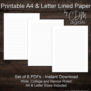 Set STAMPABILE di 6 fogli di carta a righe con bordo - Pagine formato A4 e lettera - Carta per appunti a righe larghe, universitarie e strette - PDF scaricabili digitalmente