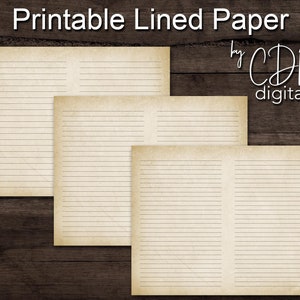 May include: Three sheets of printable lined paper with a vintage, aged appearance. The paper is cream-colored with horizontal lines and a double column layout. Text at the top reads "Printable Lined Paper" and "by CDM digitals". The bottom text says "Set of 3 PDFs - Instant Download".