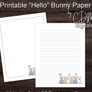 Op de afbeelding: Printbare "Hello" Bunny Paper van CDM digitals. Set van twee A4-PDF's met een gelinieerd en een blanco vel. Elke pagina heeft een rij schattige konijntjes met spraakballonnen die "Hello" en "Hi" zeggen.