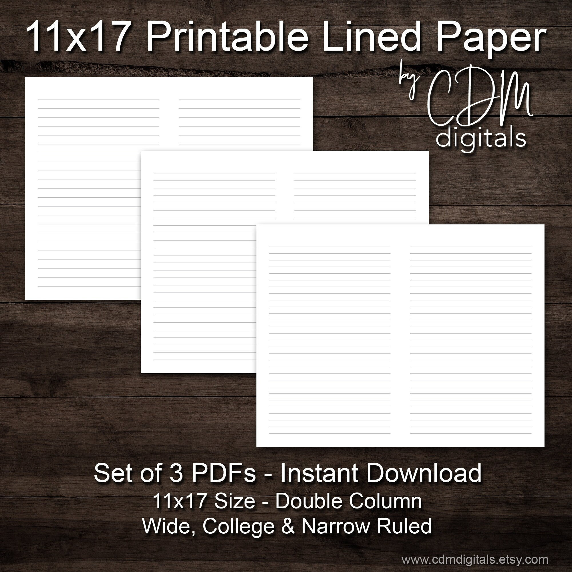 PRINTABLE Set of 3 Double Column Lined Paper - 11x17 Pages - Wide, College  and Narrow Ruled Journal Paper - Digital Download PDFs